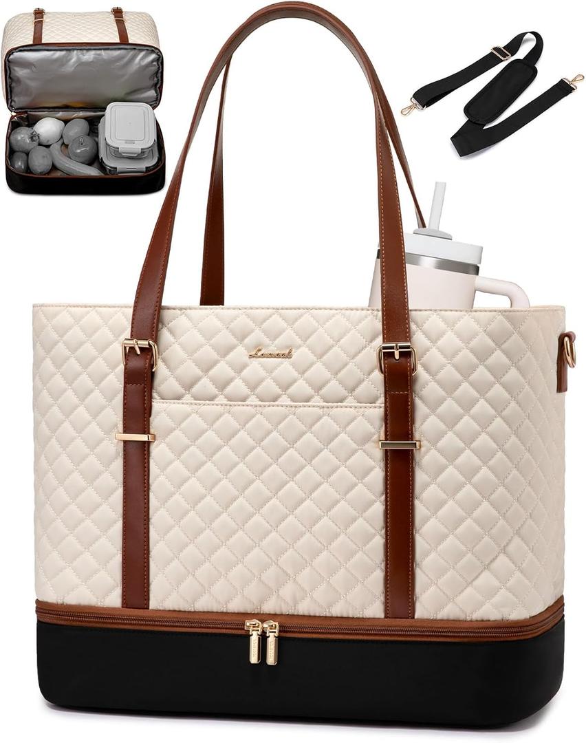 LOVEVOOK Lunch Tote Bag for Women, 15.6 Inch Laptop Work Bag With Lunch Compartment & Large Cup Holder, Lightweight Work Briefcase for Travel, Bussiness, Teacher (Black-beige-brown)