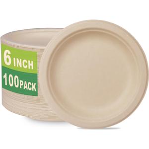 GreenWorks 100 Count 6 Small Compostable Dessert Plates, Heavy-duty Unbleached Biodegradable Bagasse and Bamboo fiber Paper Plates