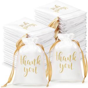 Roowest 100 Pcs Thank You Satin Gift Bags Drawstring Jewelry Candy Pouches for Wedding Bridal Shower Baby Shower Favor Drawstring Bag for Birthday Holiday Party(4 x 6 Inch,White)