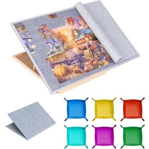Tektalk Foldable Jigsaw Puzzle Board with 4 Angle Adjustable Bracket/Stand, Lightweight Portable Puzzle Mat Plateau with Wooden Easel, Foldaway Felt Puzzle Table, for Up to 1500 Pieces (Gray)