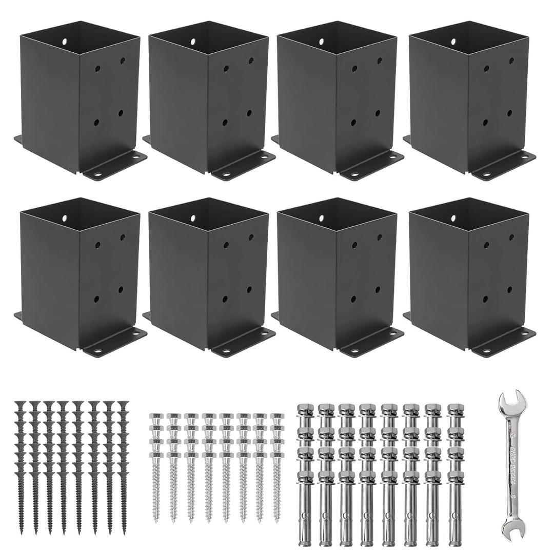AXWHYS 44 Post Base 8 Pcs, (Inner Size 3.6"x3.6") Post Brackets, Heavy Duty Black Metal Powder-Coated Thick Steel Post Anchor Outdoor for Support Deck Base Plate Pergola Brackets Fence Kit