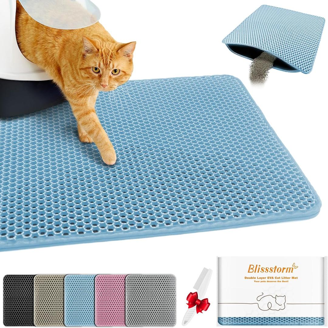 Waterproof Cat Litter Mat, Double Layer EVA, Odor-Free Large Grid, Urine Proof, Easy Cleanup (Blue, 12 x 12)