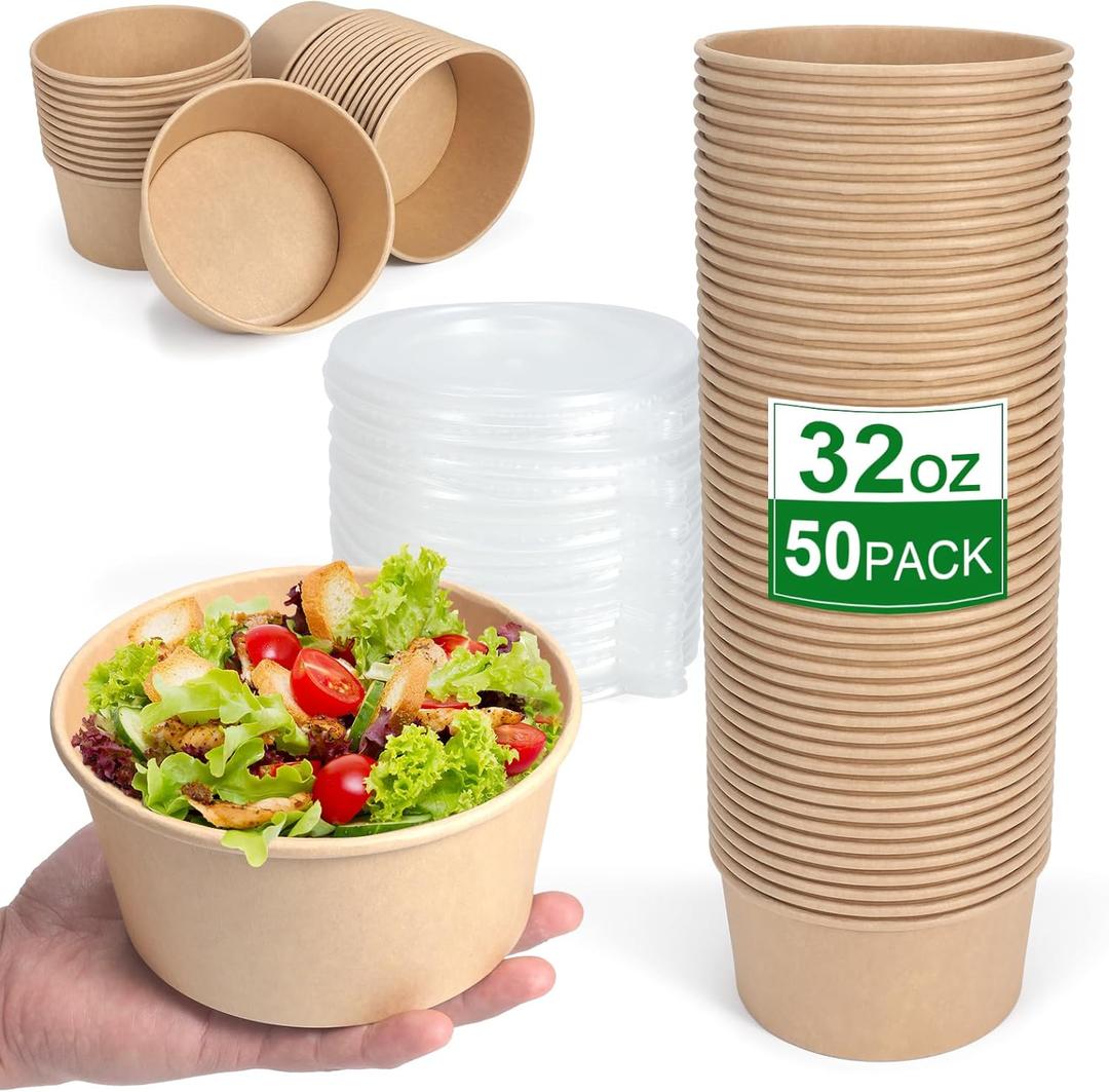 50 Pcs 32 Oz Disposable Meal Prep Containers Paper Bowls with Lids Disposable Soup Bowls Soup Bowls Disposable Hot/Cold Disposable Salad Bowls with Lids