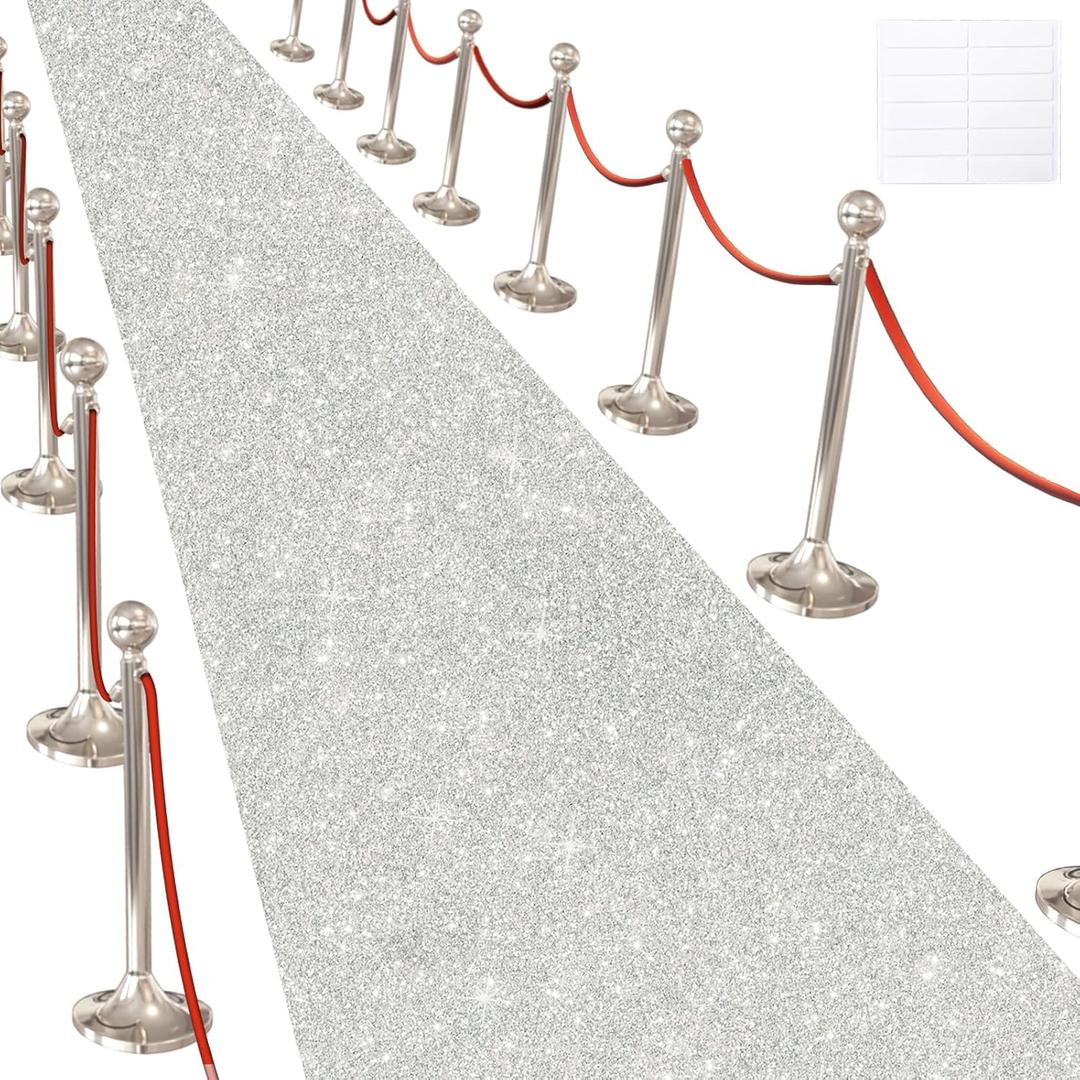 Glitter Carpet Runner for Party -200 GSM Thickness Non-Woven Fabric Runner Rug with Adhesive Tape, Hollywood Carpet for Event, Aisle Runner for Wedding Ceremony (Glitter White, 2.6FTx15FT)