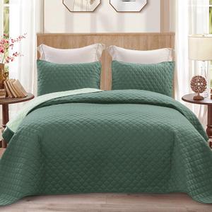 Exclusivo Mezcla Reversible Full Queen Quilt Bedding Set with Pillow Shams, Lightweight Quilts Queen Size, Soft Bedspreads Bed Coverlets for All Seasons - (Dark Green, 90"x96")