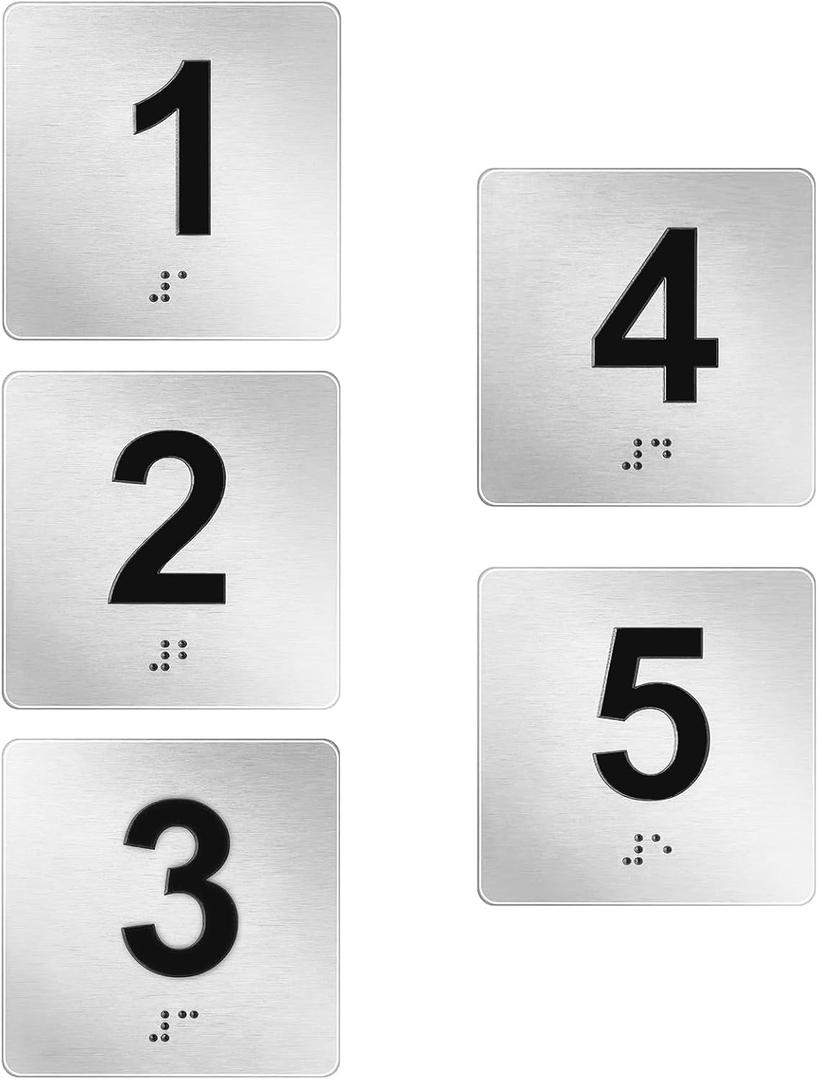 Exam Room Signs with Braille and Raised Numbers 1-5 Double Sided Tape Silver 4" x 4" for Apartment Offices Educational Institution Elevator Sign Door Number Signs