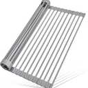 MERRYBOX Roll Up Dish Drying Rack, Over The Sink Dish Rack Foldable, Heat-Resistant, Anti-Slip Silicone Coated Steel Dish Drainer for Kitchen Sink, Multipurpose Roll Up Sink Drying Rack, 17.5" x 13" (Rectangle-grey)