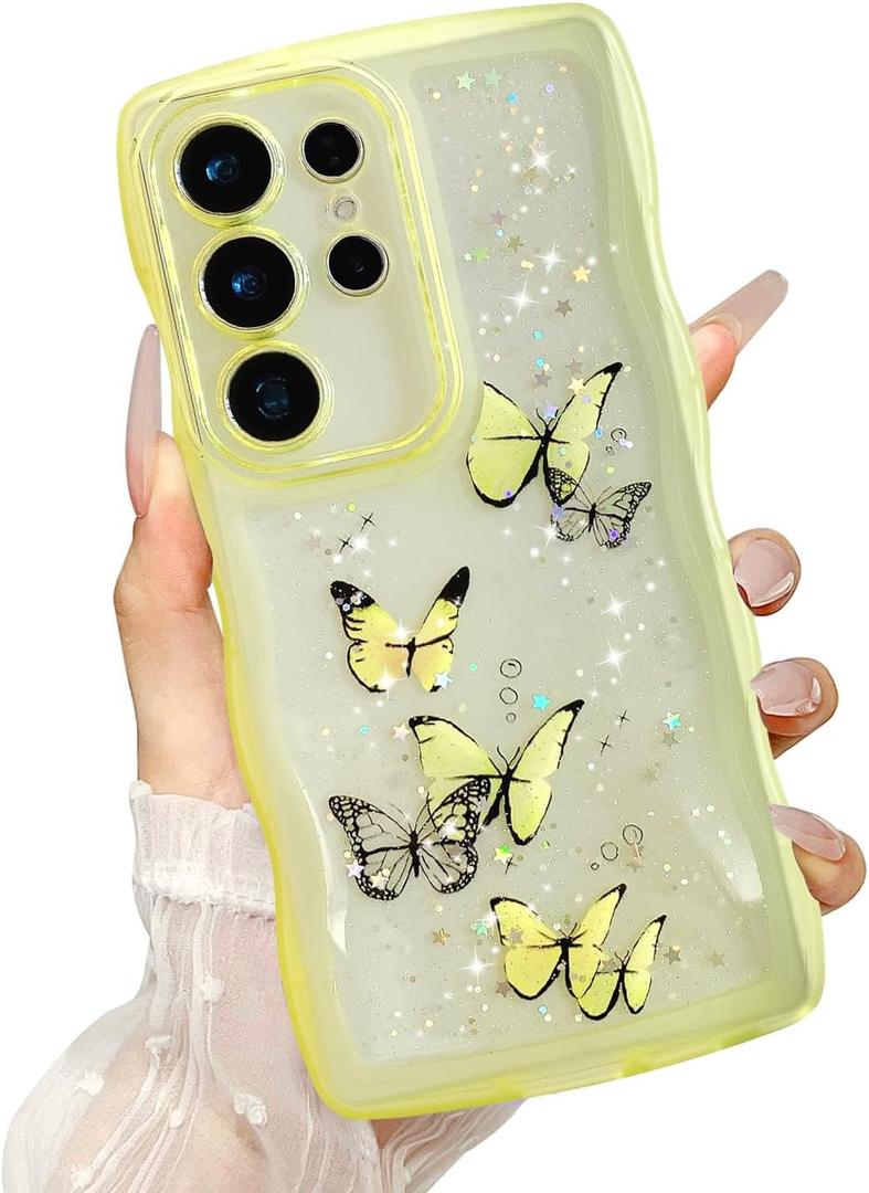 UEEBAI Wave Butterfly Case for Samsung Galaxy S25 Ultra 5G Case, Pretty Bling Star Butterfly for Women Cute Shiny Glitter Phone Cover for Girls Bling Clear Cover Curly Shockproof Girly Shell -Yellow