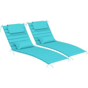 2 Sets of Outdoor Water-Resistant Olefin Chaise Lounge Cushions with Headrest and Pillow, Weather and Fade Resistant Foldable Quilted Lounge Chair Pads with Straps, Turquoise, 73" L x 22" W