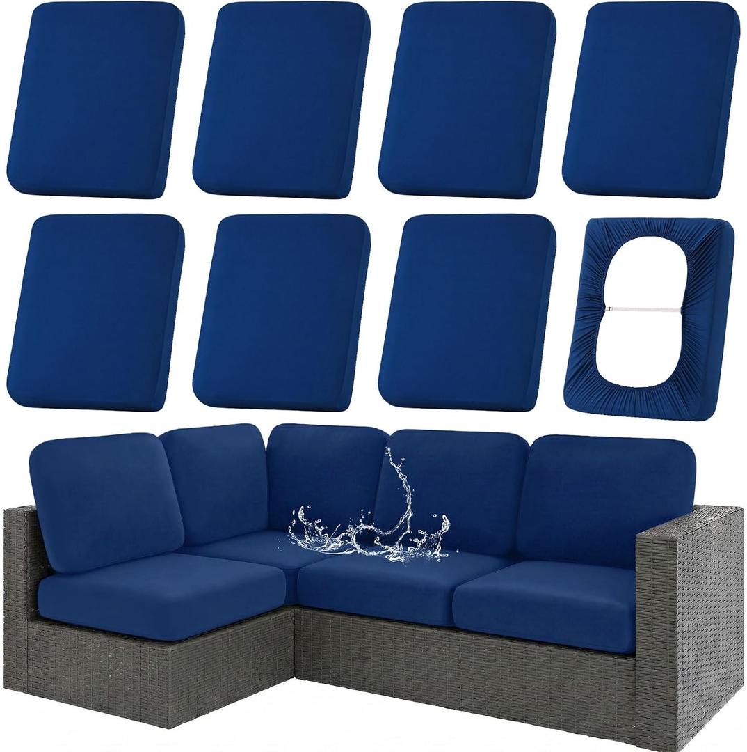 hyha Waterproof Outdoor Cushion Covers for Patio Furniture, Stretch Patio Chair Cushion Slipcovers, Coated UV Resistant Replacement Seat Covers, Solid Color (Navy, 8PC)