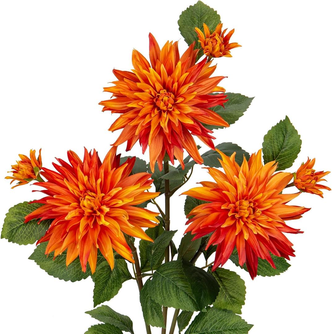 Hollyone 3Pcs Orange Fake Dahlia Flowers Fall Flowers Artificial for Decoration Silk Flower with Long Stem 28" Floral Arrangements Bouquets Autumn Faux Dahlias Centerpieces Fall Decorations for Home