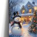 Christmas Wall Art Snowman Painting Xmas Tree Poster Snowy Winter House Scene Canvas Prints Vintage Holiday Poster for Bedroom Living Room Home Office Entryway Framed(12"x18") (A-Cool Grey)