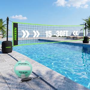 Hikeen Pro Pool Volleyball Net, 15-30FT Adjustable Full Set with Weighted Base, Aluminum Alloy Tubes & Volleyball, Heavy-Duty System for Pool Games & Water Activities
