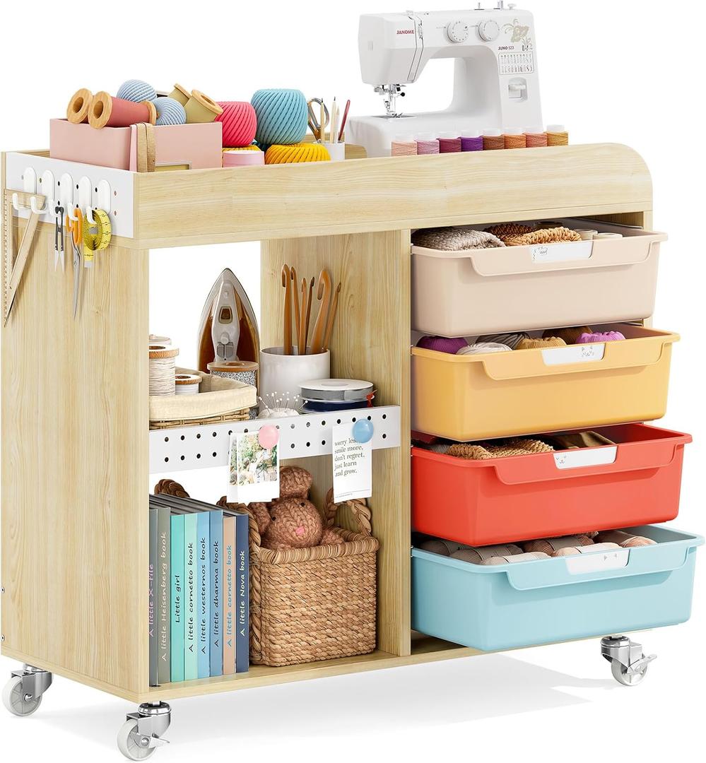 SYKIARIOL Rolling Organizer Storage Drawer Cart with 4 Drawers & Pegboard Panels,Printer Stand with Wooden Tabletop & Hanging Hooks,Multifunctional Storage Cabinets for Office & Living Room,Rainbow