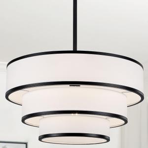 19.8'' Drum Chandelier for Dining Room Light Fixtures 5-Light White Fabric Chandelier Modern 3-Tier Black Metal Pendant Light Fixture for Kitchen Island Living Room Bedroom Entryway Staircase