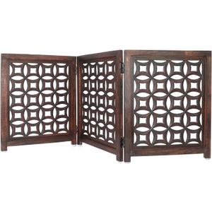 Wooden Foldable Pet Dog Safety Gate -3 Panels 20"Wx24"H- Hand Carved Solid Wood And MDF - Free Standing Portable Indoor Doorway Hall Stairs Dog Puppy Fence - Fully Assembled - Antique Brown -IRONGATE