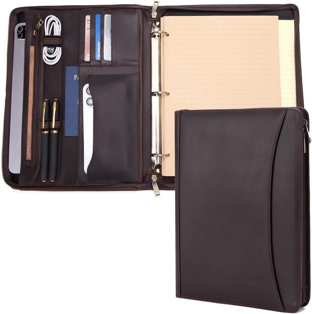 3 Ring Binder Genuine Leather Portfolio, Front Pocket, 8.5 x 11 Legal Pad Padfolio for Men and Women, Zip Notepad Laptop Organizer, Professional Business Executive Work Folio, Dark Brown (Regular)