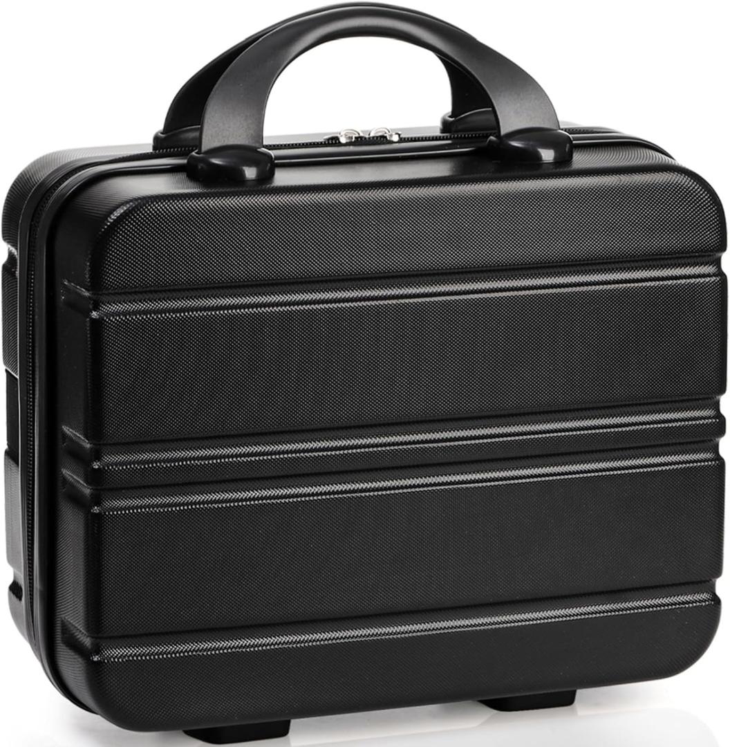 Hard Shell Cosmetic Travel Case, 12 Inch Small Portable Makeup Train Case with Elastic Band Handle, Pressure-proof Mini ABS Carrying Suitcase Toiletry Box for Travel, Camping, Black