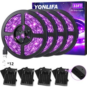 33Ft Black Light Strip, USB & Battery Operated Black Lights for Glow Party, Blacklight Strip lights for Halloween Decoration Room Decor Glass Cabinet Case Display Fluorescent Paint(4Pack*8.2ft)