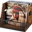 Vinyl Record Storage,Wooden Crate Vinyl Holder with Dividers for Albums & Magazine Rack Organizer for 60+ Records Case Box for 7/10/12 inch (Rustic Brown)