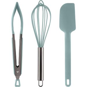 COOK WITH COLOR Stainless Steel Silicone Tipped Kitchen & BBQ Tongs Set, 3 Pc Utensils, Green (Mint)