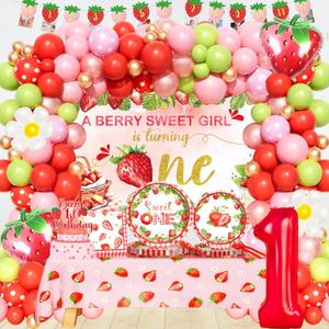 Berry First Birthday Decorations, Strawberry 1st Birthday Party Decorations, Berry Sweet One Party Supplies with Plates, Napkins, Forks for Fruit One Year Old Party Idea