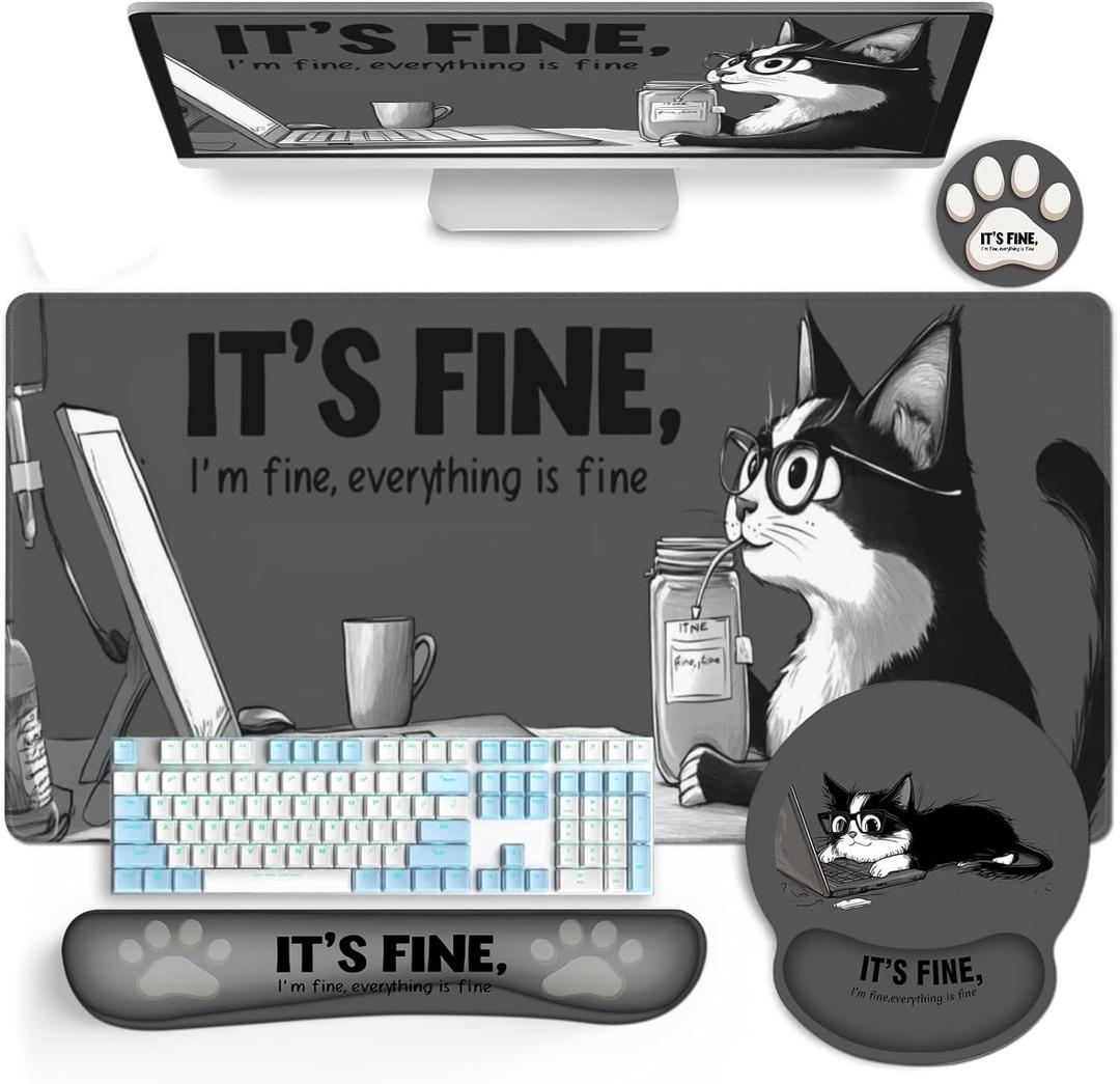 AQQA Funny Keyboard Mouse Pad Set,XXL Mouse Mat+Keyboard Wrist Rest Support, Cat Ergonomic Mouse Pad with Wrist Rest, 4 Pcs Cute Office Desk Accessories,35.415.7 in