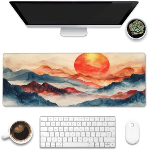 Large Gaming Mouse Pad for Desk,Watercolor Mountains and Sun Desk Mat,Abstract Golden Line Arts Desk Pad,Extended Big Computer Keyboard Mouse Pad with Non-Slip Base Stitched Edges 31.5"x11.8"