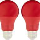 Amazon Basics A19 Red Color Party LED Light Bulbs, 60 Watt Equivalent, Energy Efficient 9W, E26 Standard Base, Non-Dimmable, 10,000 Hour Lifetime, 2-Pack