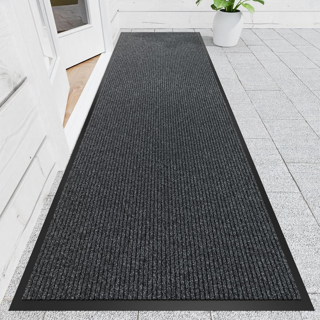 Front Door Mat, 3' x 10' Heavy Duty Indoor Outdoor Doomat, Commercial Industry Rugs with Rubber Backing, Non-Slip Low Profile Welcome Entry Mat for Patio, Home, Grey (Gray-stripe)