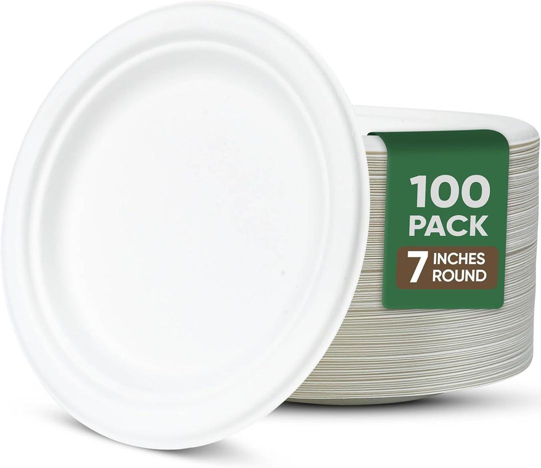 TaidMiao 7-Inch White Paper Plates 100 Pack - 100% Compostable Dessert Plates | Leakproof Disposable Plates for Party, Microwave Safe & Oil Resistant, Eco-Friendly Small Dinnerware (100 Count)