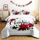 Christmas Comforter Queen,Xmas Bedding Set Set,Red Poinsettia Flowers Comforter Merry Christmas Bed Bedroom Set Home Decor for Kids Girls Women White