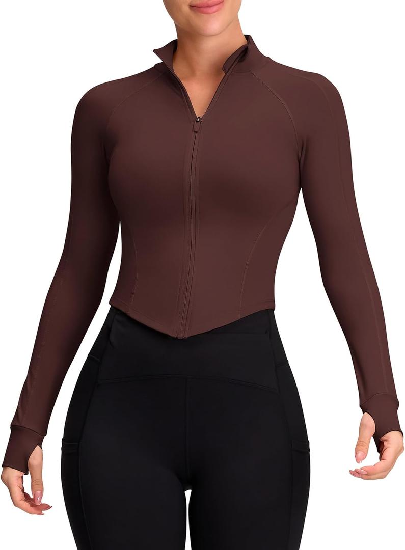 Womens Zip Up Bbl Jacket Lightweight Cropped Athletic Jacket Track Gym Workout Jackets for Running Yoga Hiking (Brown, XS)