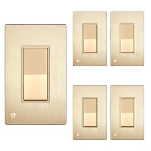 ENERLITES Elite Series Decorator Light Switch with Brushed Screwless Wall Plate, Single Pole, 3 Wire, Grounding Screw, Residential Grade, 15A 120V, UL Listed, 91150-GDWBP5P, Brushed Gold (5 Pack)