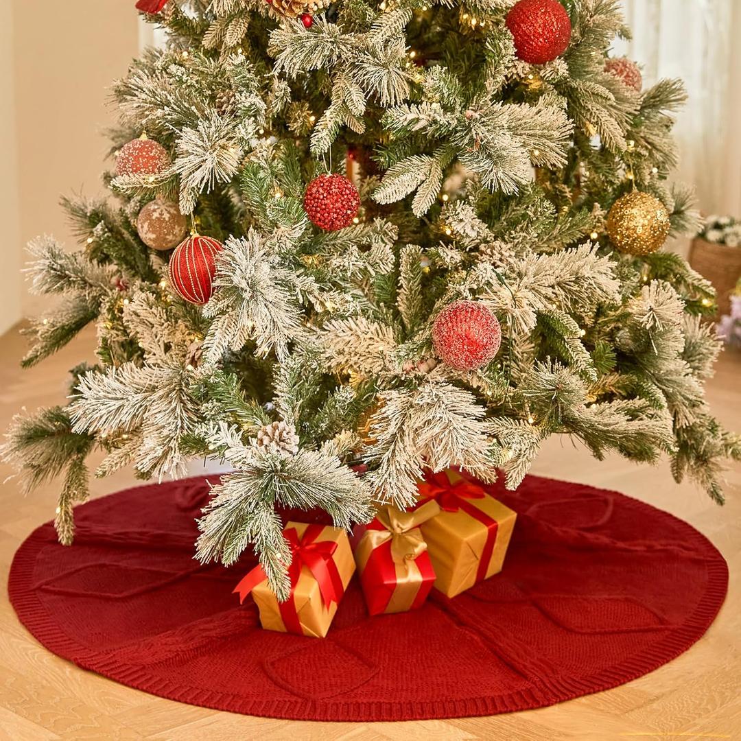 36 inch red Knitted Christmas Tree Skirt: Small Thick Cable Knit Round Tree Skirt for 4ft 5ft Tree Rustic Neutral Farmhouse Neutral Christmas Decor Tree Base Cover Xmas Home Decorations