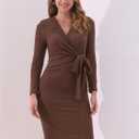 Allegra K Women's 2024 Fall Winter Long Sleeve Tie Waist Bodycon Knit Wrap Sweater Dress (Brown, XS)