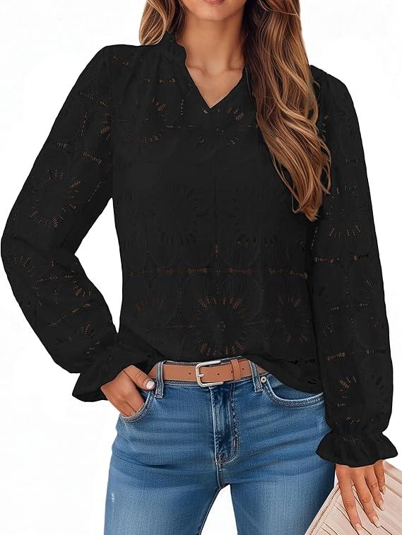 IWD Womens Tops Dressy Casual Ruffle Long Sleeve Shirts Loose Fit Fall Blouses Work Teacher Outfits (Black, Small)