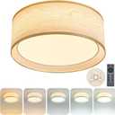 16" Modern LED Dimmable Flush Mount Ceiling Light with Color Temperature Adjustment, Fabric & Rattan Double Drum Shade Boho Ceiling Light Fixture for Bedroom Living Dining Room, Rippled Wood