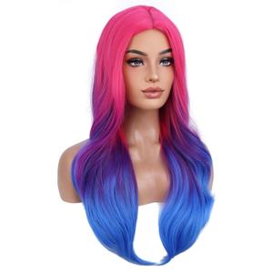 BERON Rose Ombre Blue Wigs Long Wavy Wig for Women Girls Hot Pink Blue Heat Resistant Synthetic Hair Wigs for Cosplay Party Daily or Use
