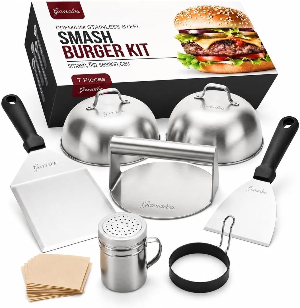 Gamalou 7 Pcs Smash Burger Press Kit: Stainless Steel Burger Smasher, 6x5" Spatula, 4" Scraper, 2 Melting Domes, Seasoning Shaker, Egg Ring, Griddle Accessories for Blackstone, Grill, Frying Pan