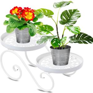 2 Tier White Plant Stand, Metal Flower Stand Indoor Outdoor, Anti-Rust Iron Plant Shelf, Round Flower Pot Stands for Multiple Plants, Display Rack Potted Plant Holders for Garden Home Decor