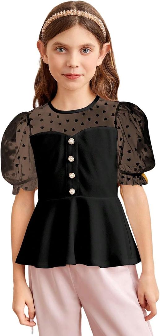 WDIRARA Girl's Sheer Mesh Short Puff Sleeve Blouse Heart Print Cute Ruffle Peplum Top, Size 8 Years (Black)
