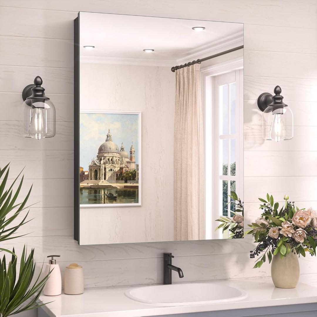 TokeShimi 24 x 32 Mirrored Medicine Cabinet Recessed or Surface Mount, Aluminum Tempered Bathroom Medicine Cabinet with Mirror with Storage Black Stepless Adjustable Metal Shelves Farmhouse