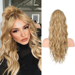 FLUFYMOOZ Ponytail Extension, 22 Inch Drawstring Ponytail Hair Extensions for Women Long Curly Wavy Ponytail Natural Synthetic Hairpiece for Women (22" Golden Blonde with Highlights)