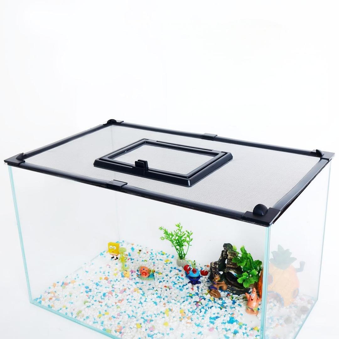 Magnetic Fish Tank Cover with Feeding Window Dark Grey Frame Grey Fiberglass Net,DIY Fish Tank Lid for Preventing Fish from Jumping Out and Reptile Escaping Adjustable Size Fit Tank Size Max 35''X19'' (39"x19" (100x50cm))