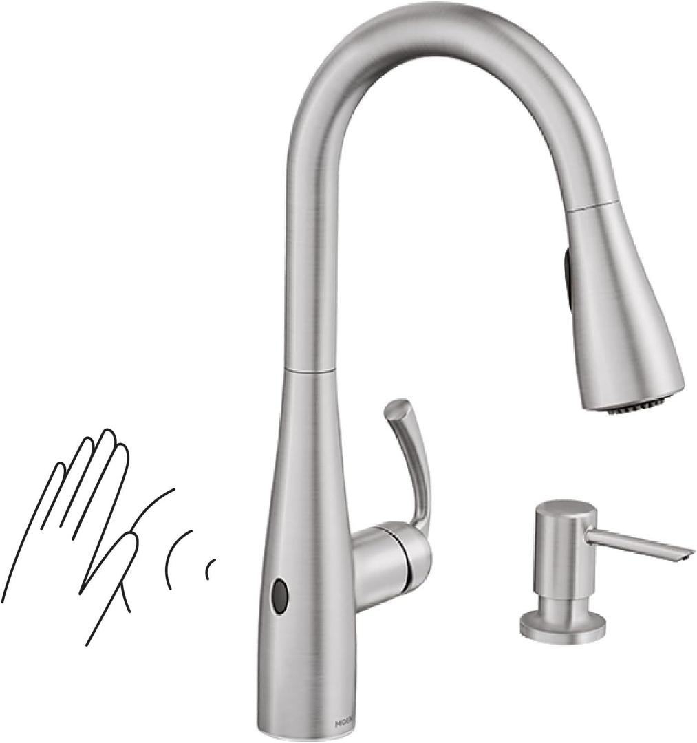 Moen 87014EWSRS Essie MotionSense Wave One-Handle Touchless Kitchen Faucet with Pulldown Sprayer and Soap Dispenser, Spot Resist Stainless (Spot Resist Stainless)