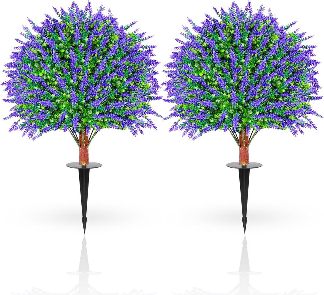 Set of 2 Artificial Lavender Boxwood Topiary Ball Trees with Ground Spike, 26 Inches UV Resistant Fake Evergreen Plant Bushes Shrubs, for Indoor Outdoor Front Porch Garden (Lavander)
