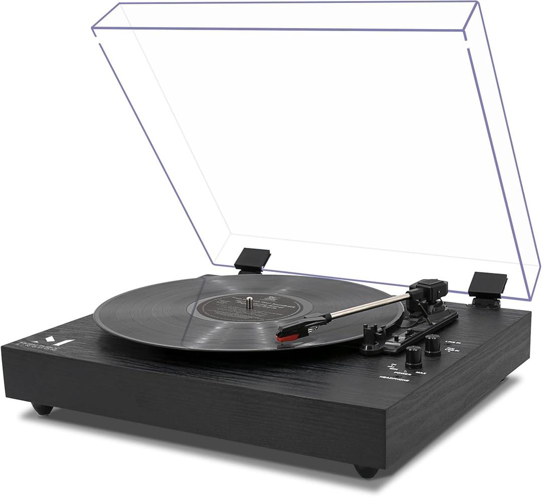 Vintage Style 3 Speeds Wireless Input Record Player, Built-in Dual Premium Speakers,Belt Drive,RCA Output,Aux in,Fulll Size Platter Turntable, Black Wood