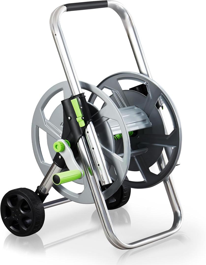 Garden Hose Reel Cart, Holds 75-150 Feet of 5/8-Inch Hose, Portable Hose Reel Cart With Wheels,Adjustable Handrail, Quick Hose Connector (Original, Silver)