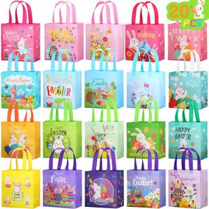 Tudomro 60 Pieces Easter Tote Bags with Handles Bunny Non Woven Bags Reusable Easter Grocery Shopping Bag Kitchen